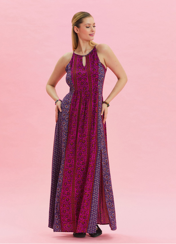 Halter Neck Slit Detailed Purple Long Dress 4610